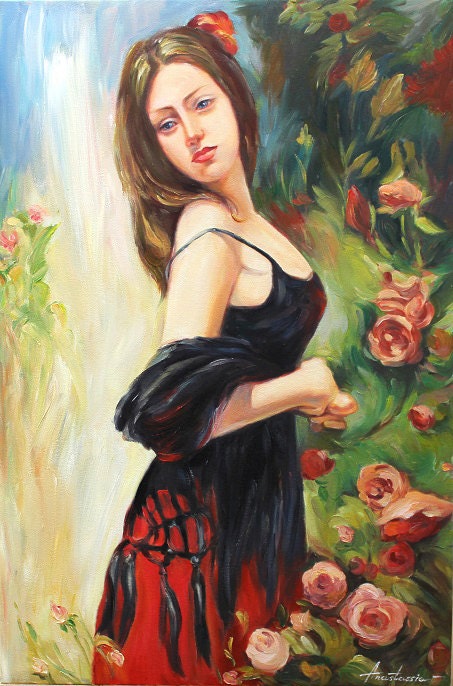 Girl in Garden with Flowers Original Oil Painting on Canvas Signed Stretched Wall Decor Art
