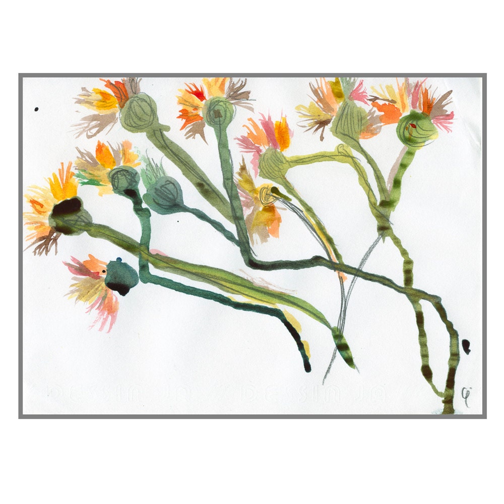 Flowers New Contemporary Art Watercolor Painting Fine Art print in Orange Red Green Yellow 81/4x14.8" 21x14.8cm
