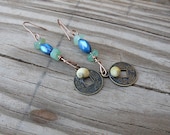Brass Charm Earrings - Tiny Yellow Seashell Earrings - Turquoise and Blue Beads - Handmade Jewelry