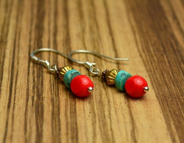 CLOSING SALE 10% OFF Turquoise Red and Gold Bead Earrings, Sterling Silver Earrings, Boho Native American Gemstone Earrings
