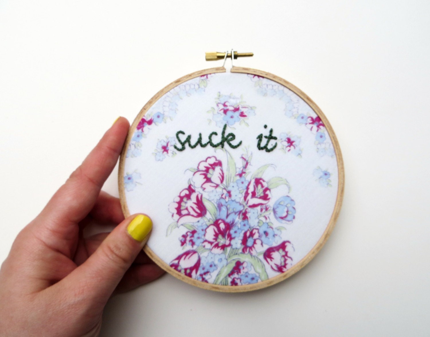 Suck It Hand-Stitched Embroidery Hoop Art - Embroidered Vintage Handkerchief Hipster Home Decor