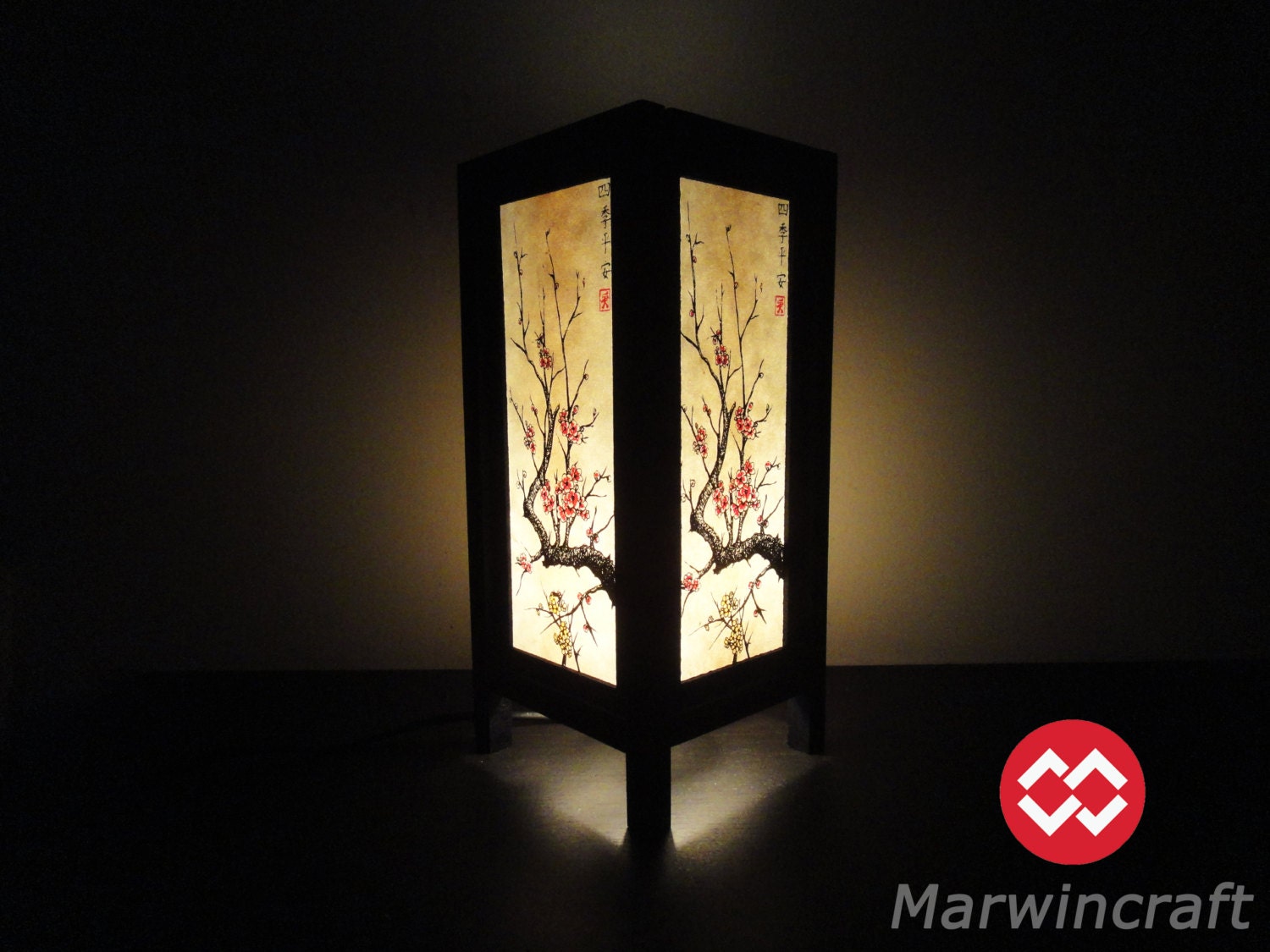 Asian Oriental Japanese Sakura Tree Branch Cherry Blossom Art Bedside Table Lamp or Bedside Wood Paper Light Shades Furniture Home Decor