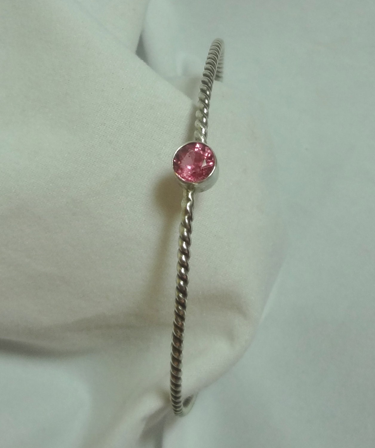 The Ropes - Bangle with 6mm Pink Tourmaline in Bezel Setting and Oxidized Sterling Silver Twisted Rope Wire