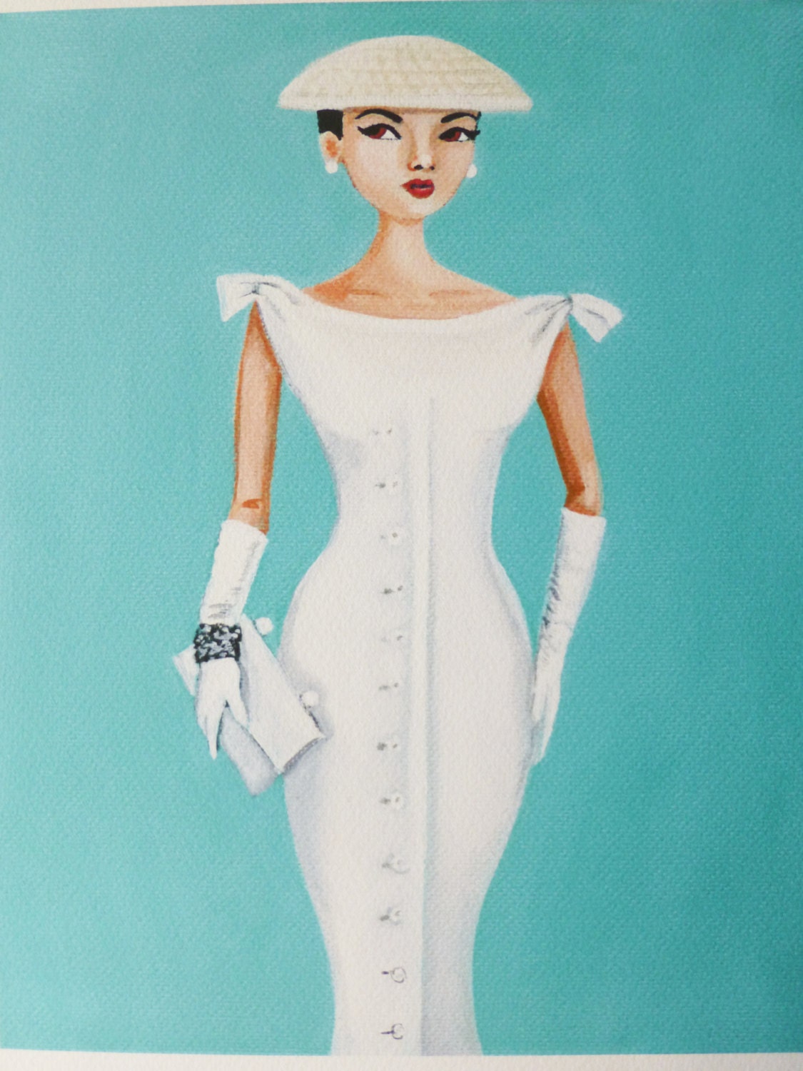 Vintage fashion, woman in 1950's pencil dress with hat and long white gloves- print of my original.
