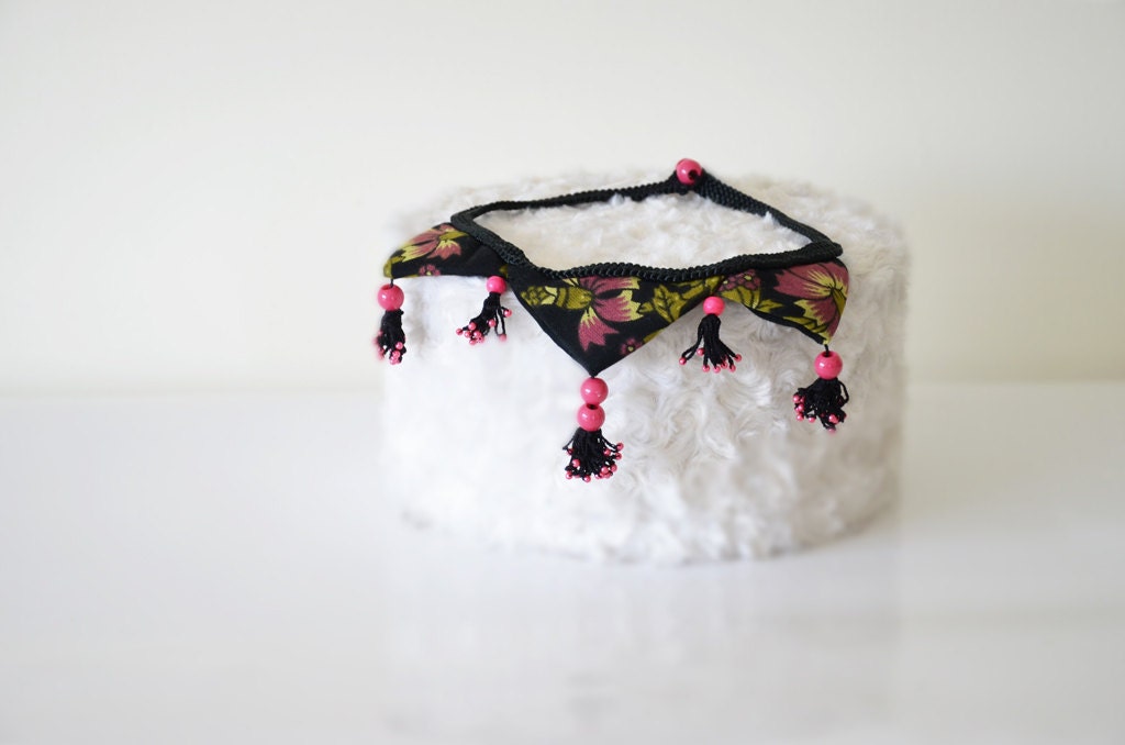 OOAK, Handmade Authentic Necklace,Triangle Yazma Fabric, Fringes