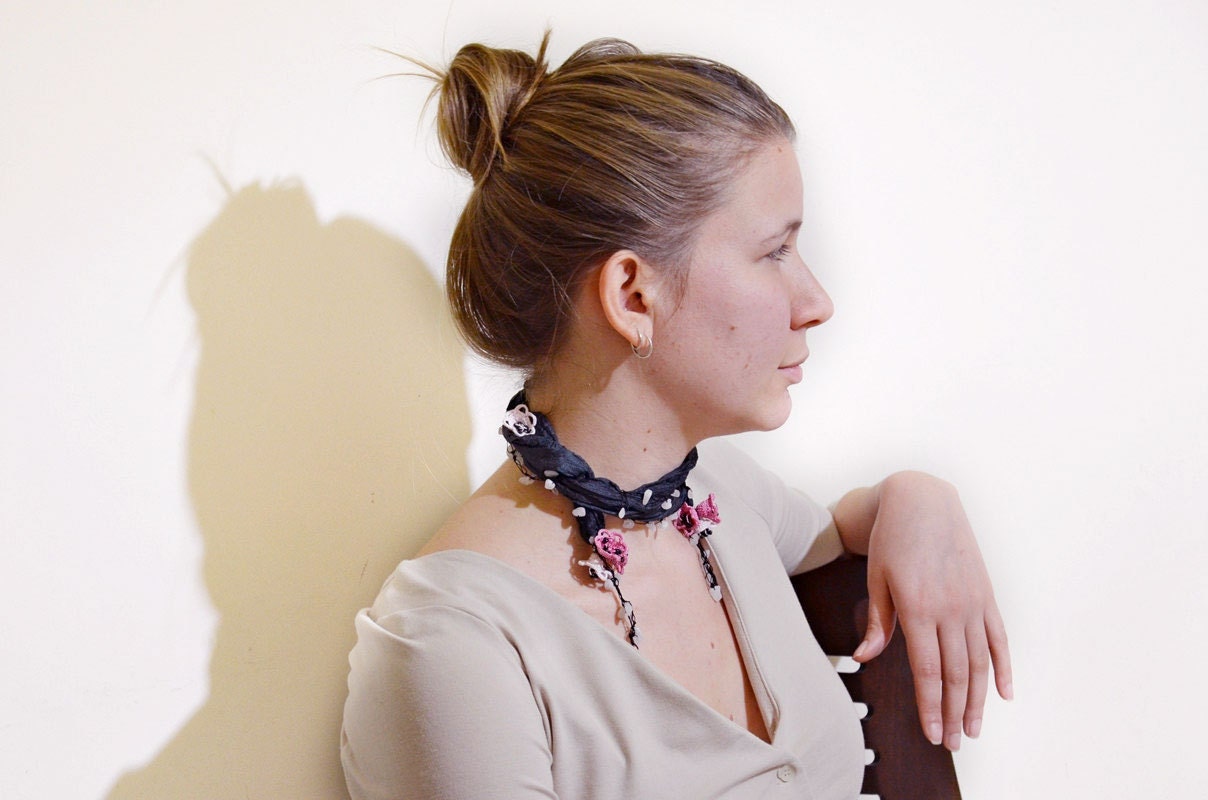 Dark and Light Pink Flowers, Natural Stones Dark Gray Silk Foulard, Necklace, Beadwork
