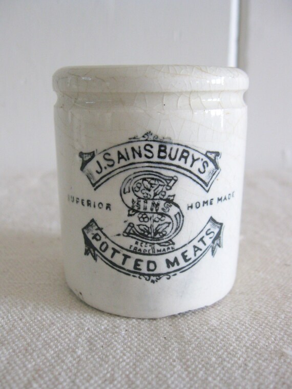 Antique Stoneware Crock, English Potted Meat Jar, Sainsburys, Ironstone Pot with Advertising