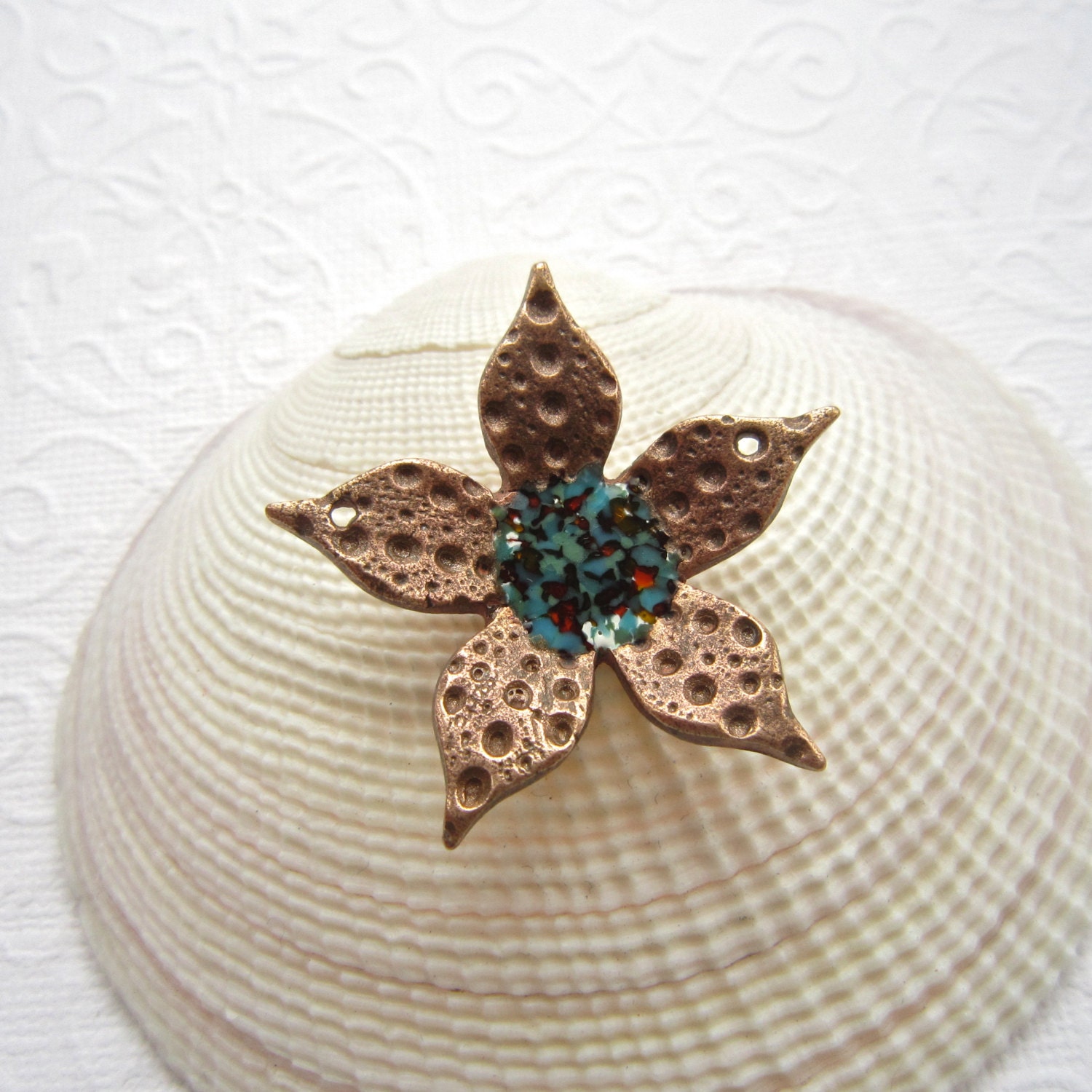 Starlfower pendant, bronze flower pendant ,enameled bronze pendant, Sea urchin pendant,