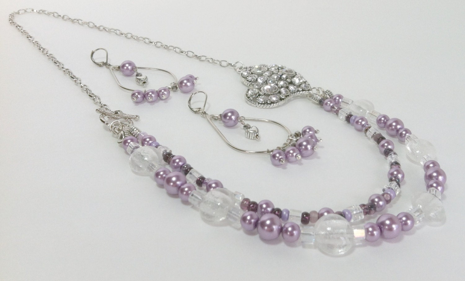 Heart Necklace Earring Set - Purple Pearls - Chandelier Earrings