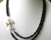 Large Cross Necklace - Black Beads - Crown Toggle Clasp