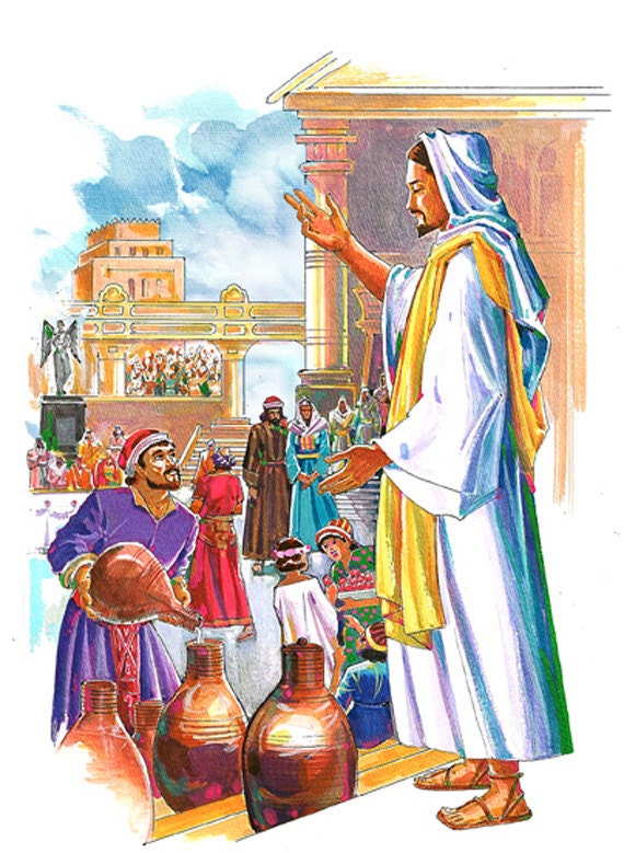Marriage at Cana - Original Art Print - Biblical - water color - 5 x 7 - Archival paper - great for gifting or personal collection