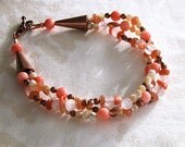 Triple strand multi-stone bracelet / moonstone / coral / mother of pearl / rose quartz / copper / natural gemstone / handmade BT-06