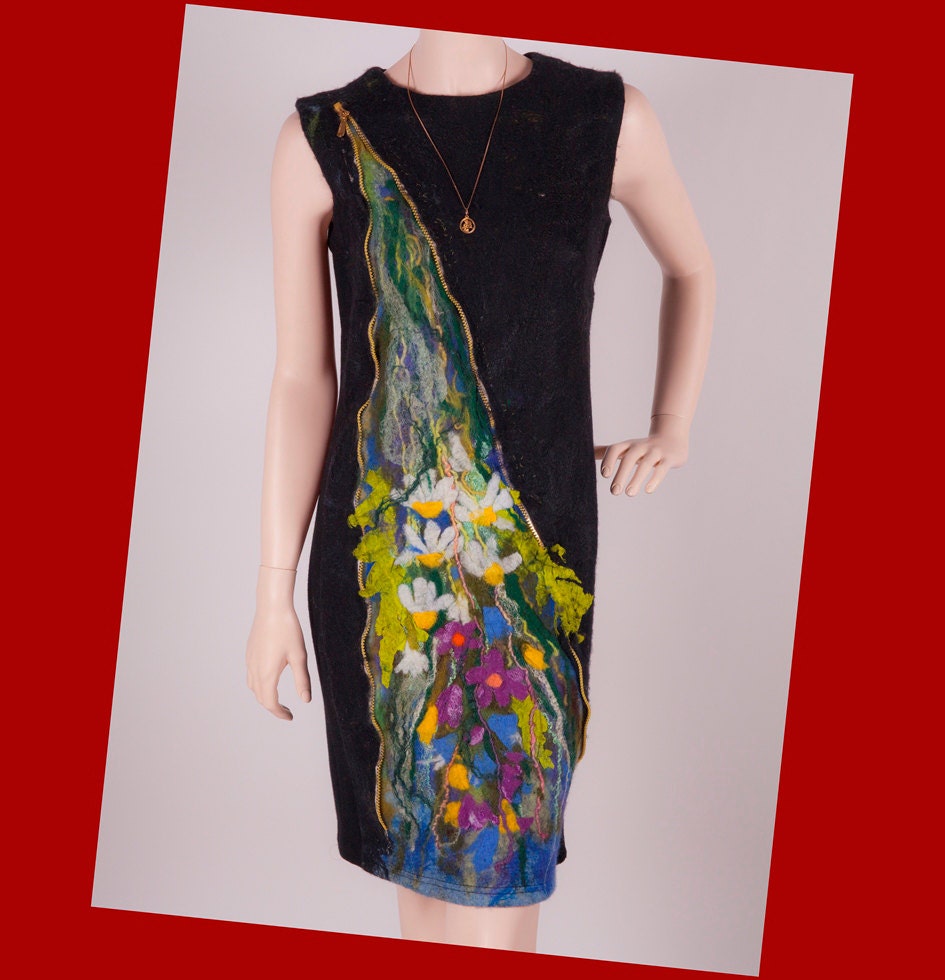 Wildflowers Flowers Nuno Felted Dress wool jersy L size