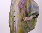 Violet iris green silk blouse hand painted batik  summer blouse. Woman blouse plus size clothing, Womens XL
