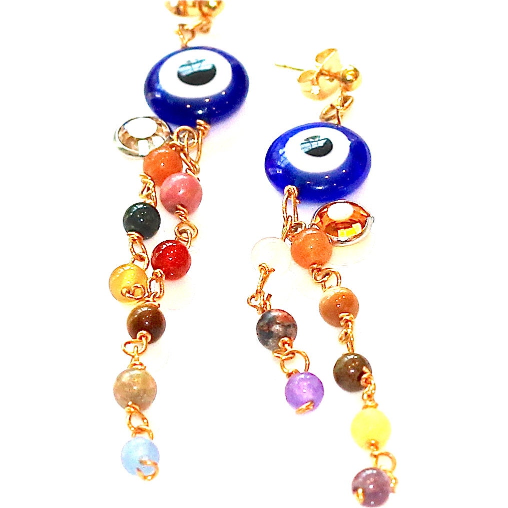 Evil Eye Earrings Agate Bead Swarovski Elements Crystal Gold Dangle Drop Earrings Fizz Candy