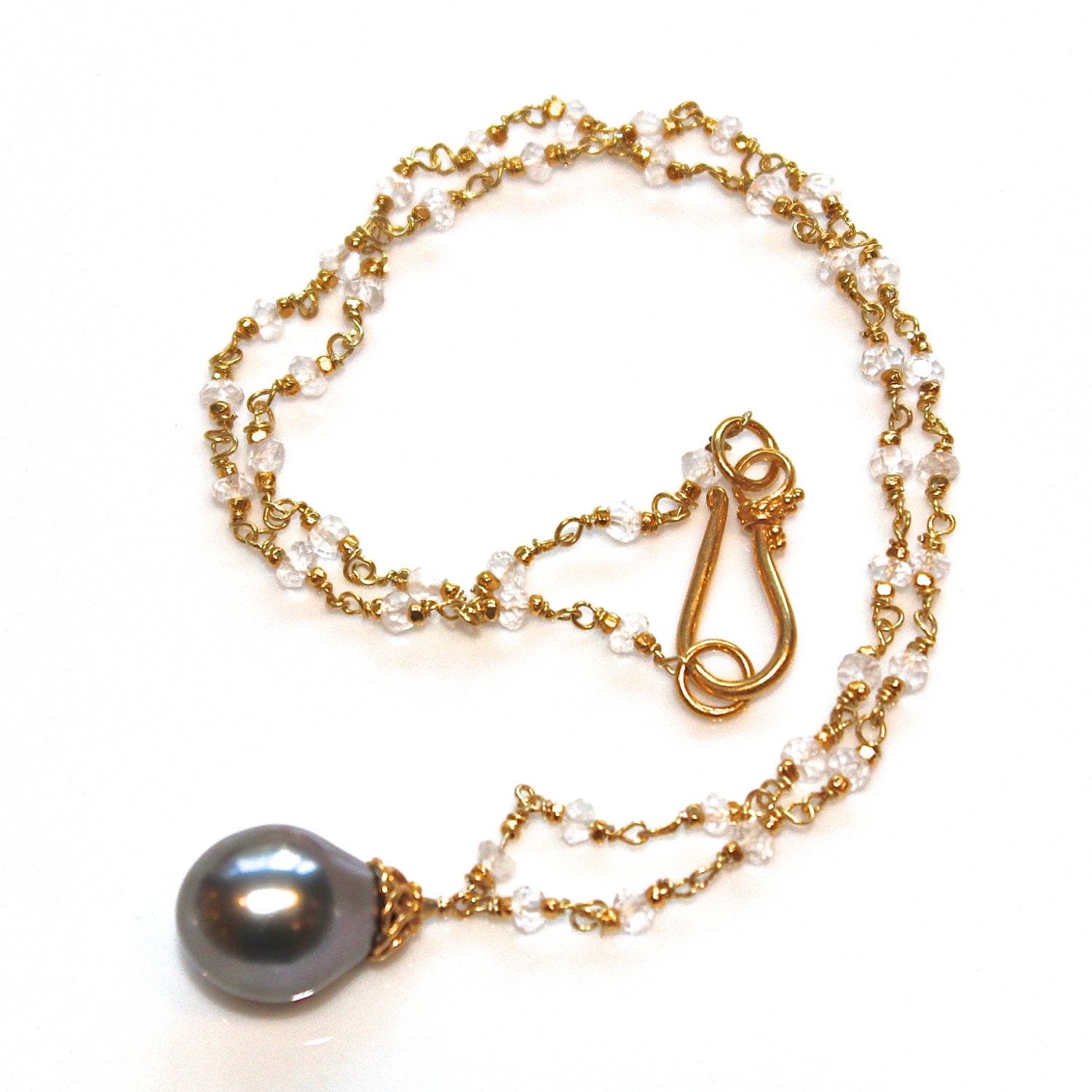 Tahitian Pearl Drop Necklace 13mm Gold Vermeil Handmade Chain White Topaz Gemstone Jewelry