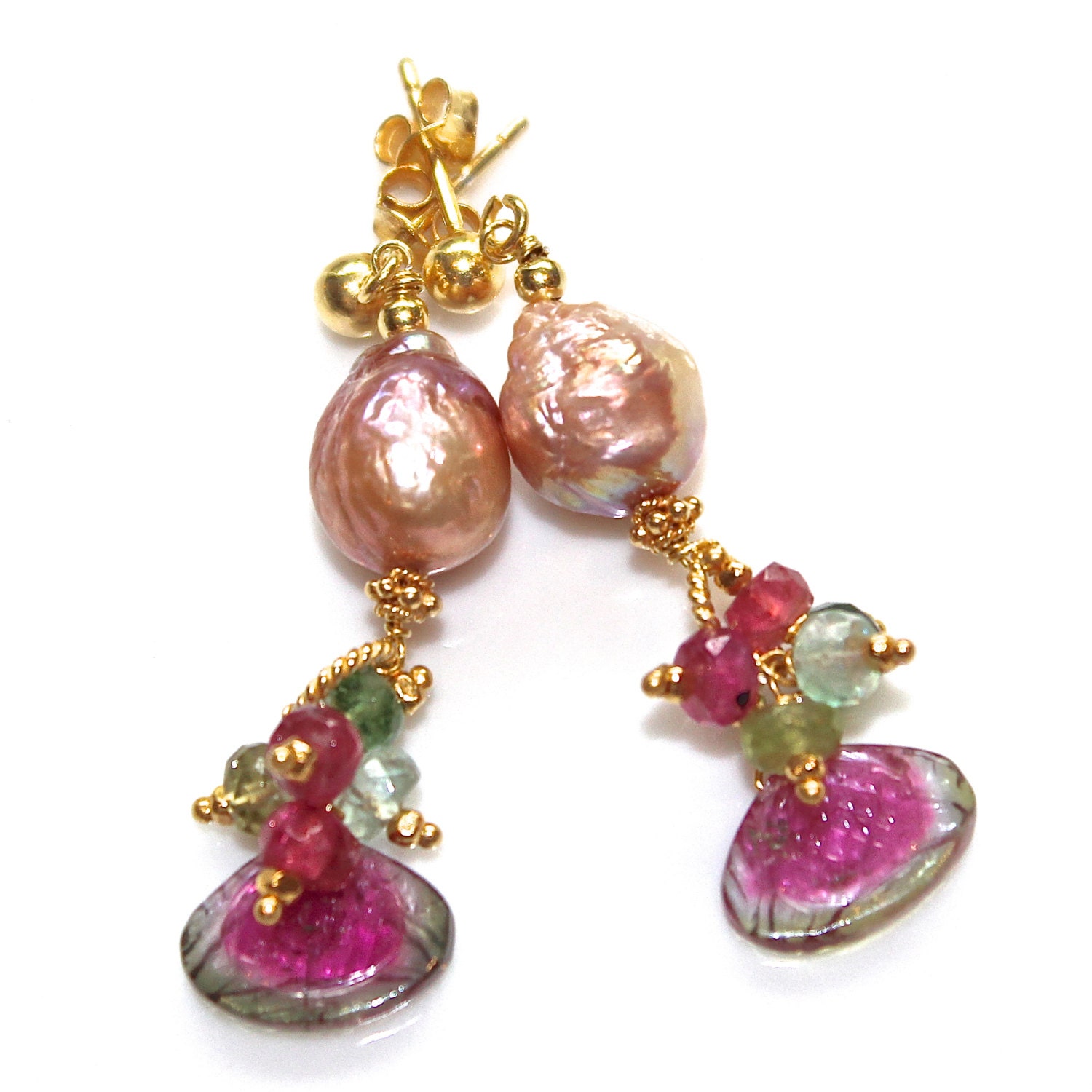 Carved Watermelon Tourmaline Slice Earrings Kasumi Style Pearl Earrings Rainbow Tourmaline Artisan Gemstone Jewelry