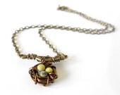 CLEARANCE Spring Woodland Dainty Lemon Yellow Bird's Nest Necklace - Minimalist Natural Yellow Turquoise Boho Wire Nest in Brass Tree Branch