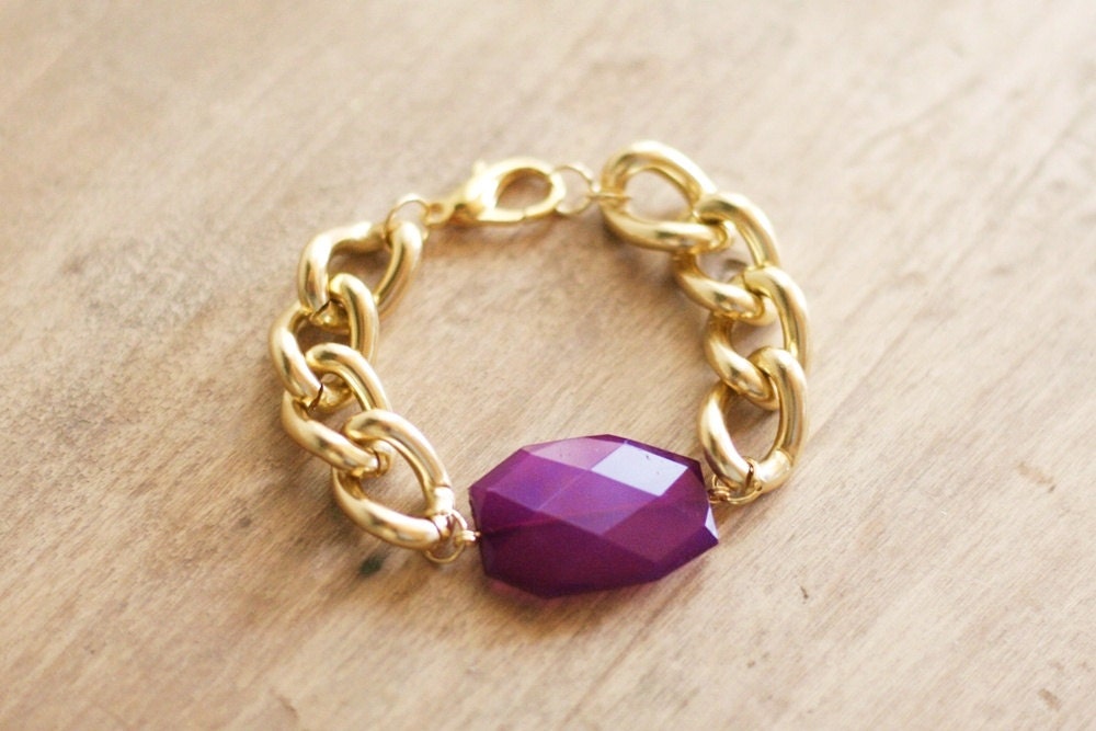 Gold Chain Bracelet with Eggplant Purple Charm - Lightweight Bracelet