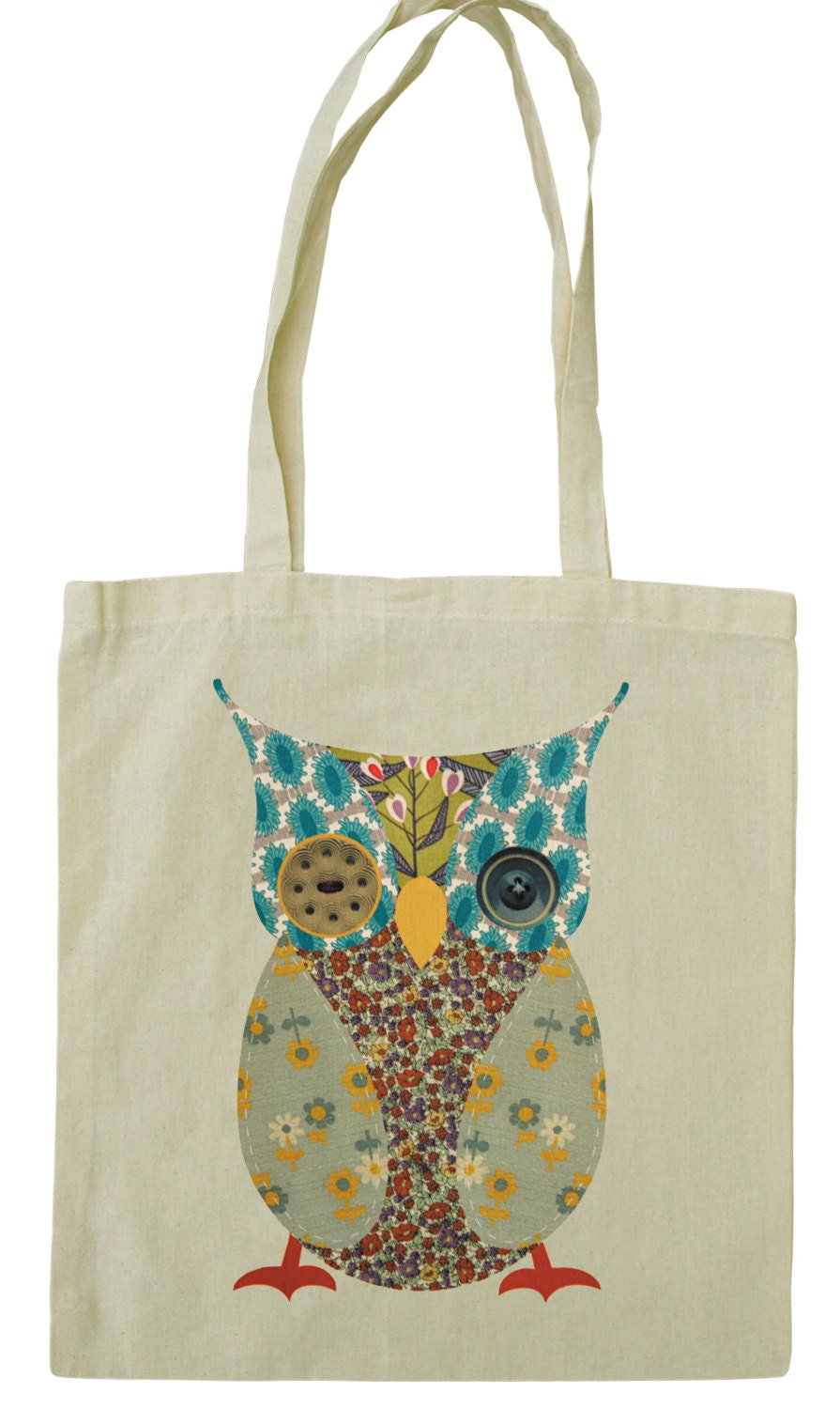Cute owl cotton tote bag, vintage fabric and button design