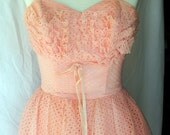 Vintage 1950s Tea Length Strapless Formal Prom Dress Pink Light Salmon Eyelet Lace Metal Zipper