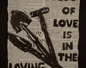 Mother Teresa's, " The success of love," quote and tending tools, block prints hand-printed on dictionary paper, by Jesse Larsen. 9x12.