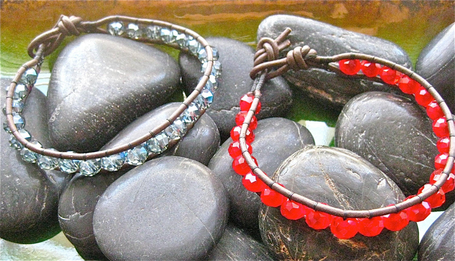 Crystal Garnet Woven Leather Bracelet (stackable)