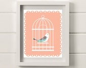 Modern Bird Cage Illustrative Art Print, Peach and Mint, 8x10 Poster