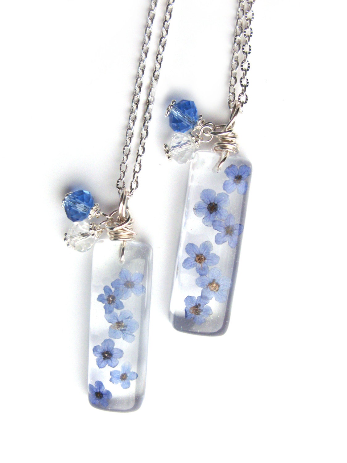 Real Forget me Nots Necklace - Real Flowers Encased in Resin - Pressed Flower Jewelry - Resin Necklace - Wire Wrapped Pendant