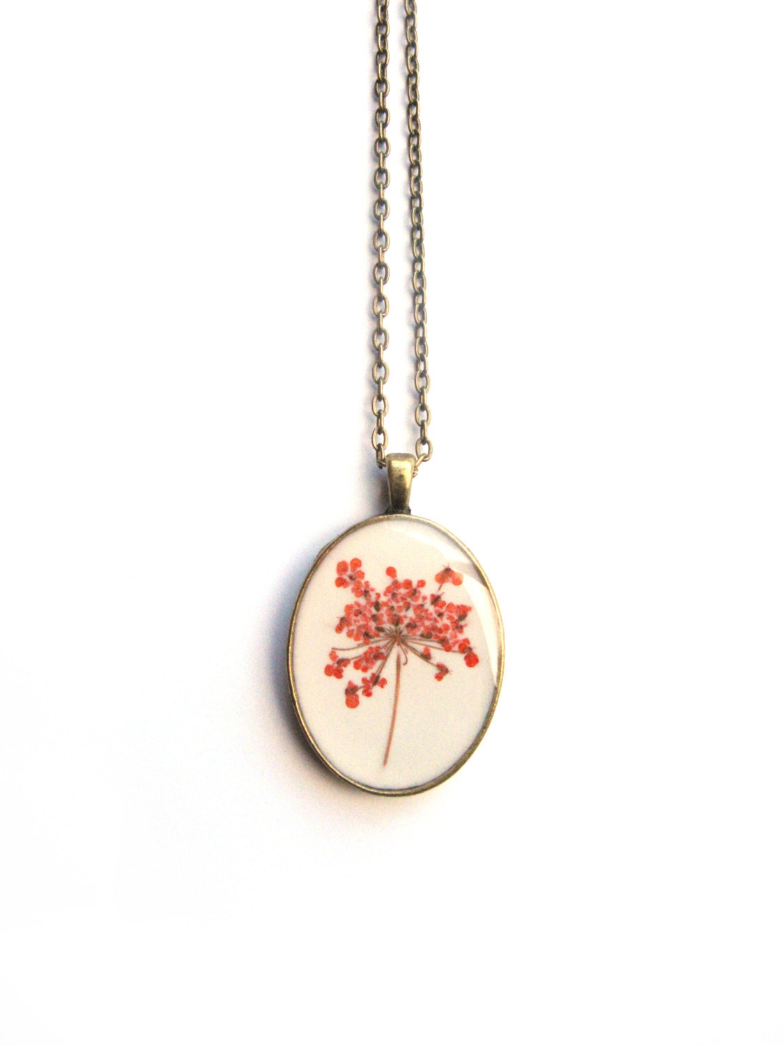 Orange Pressed Queen Anne's Lace Resin Pendant Necklace - Real pressed flower encased in resin, Pressed Flower Jewelry - Resin Necklace