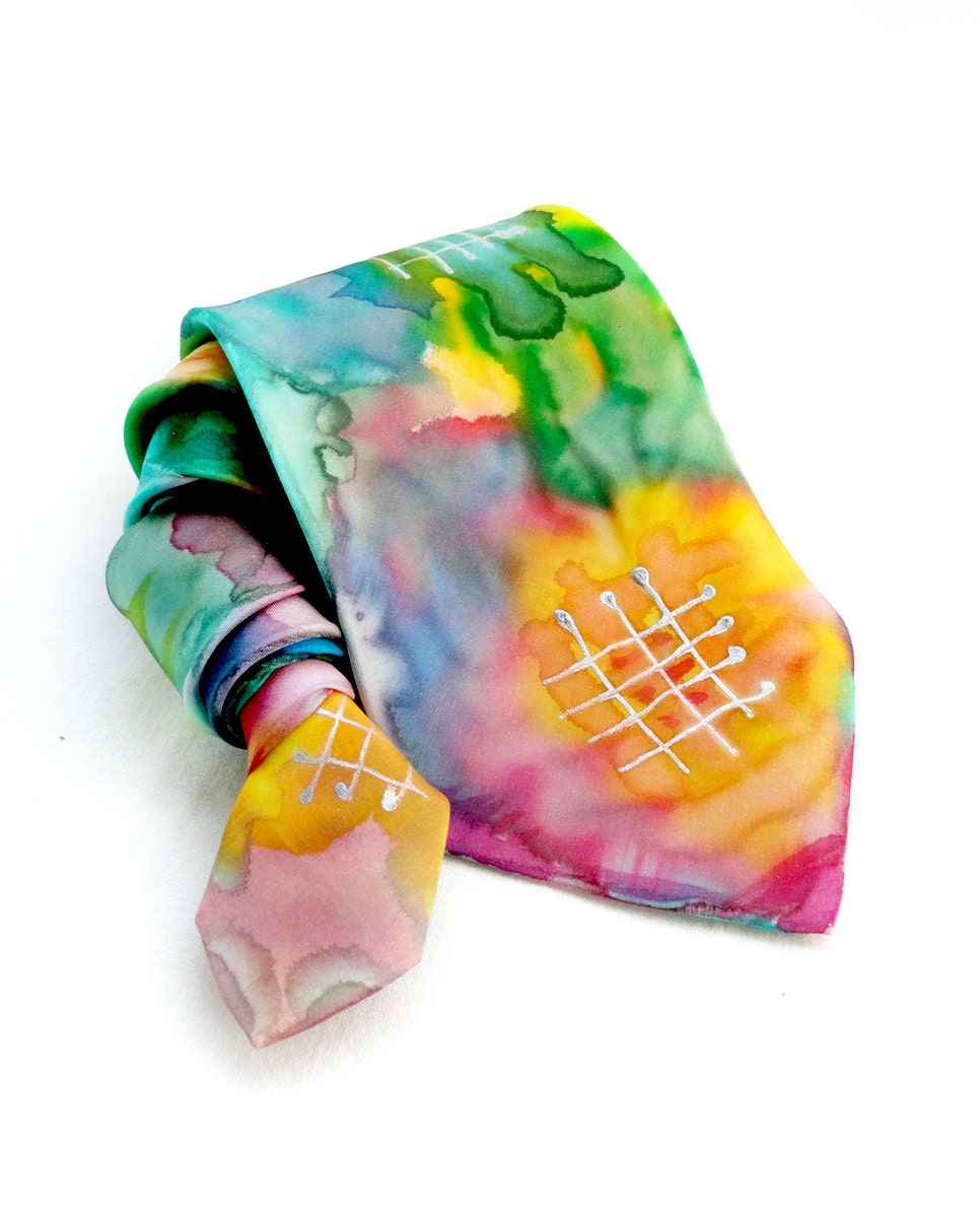 Multicolour Tie. Hand Painted Silk Tie. Men Tie. Handmade Silk Tie. Gift for Him. Green, Orange Silk Tie. Special Collection. Ready to Ship.