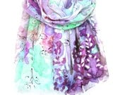 Floral Scarf. Hand Painted Silk Shawl. Women Scarf. Pastel Gift for Her. Plum, Spring Green Scarf. 14x71 in. (35x180cm). Ready to Ship.