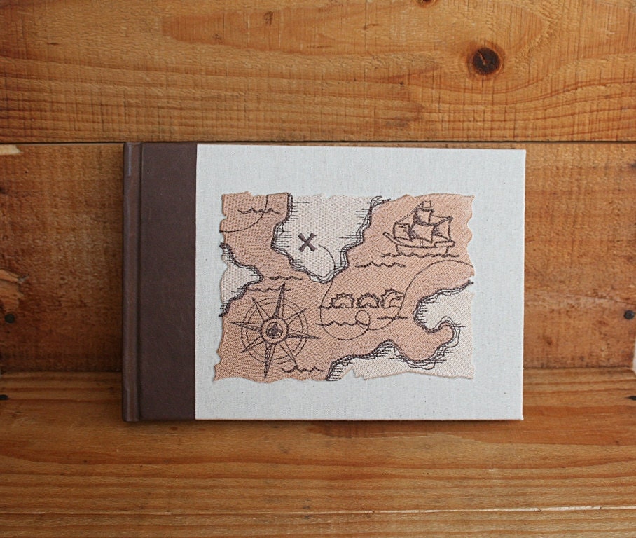 Embroidered & Kangaroo Leather hard cover Journal, album, guestbook - Treasure Map