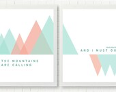 The Mountains Are Calling / pastel / John Muir Quote, Set of 2 Two Art Prints, wall Display ready, modern wall art set, triangle spring