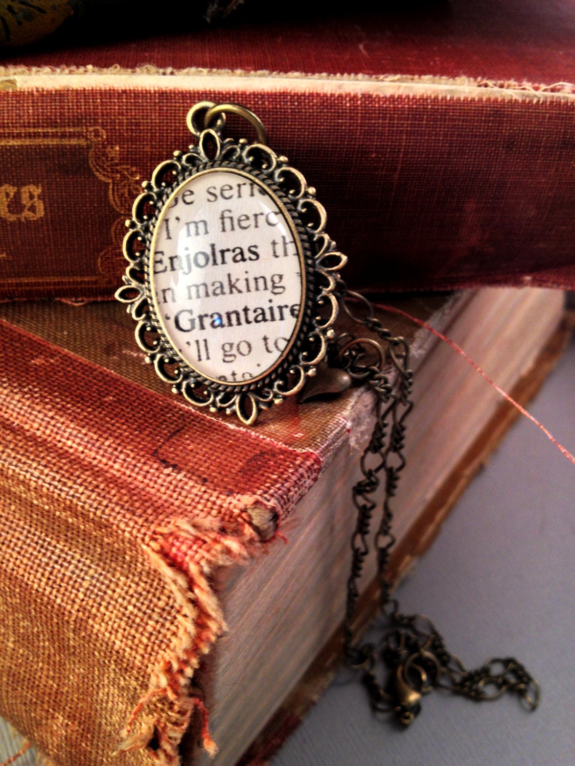 Victor Hugo Les Miserables Enjolras and Grantaire Antiqued Bronze Book Page Necklace