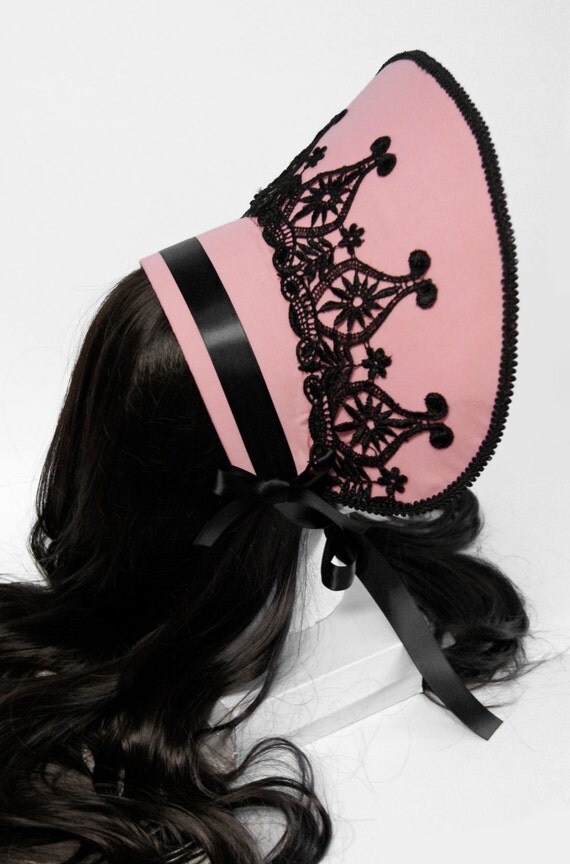 Pink and Black Gothic and Lolita Bonnet Made to Order - As Seen Worn by Mary Nine