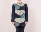 Vintage geometric cut out blue leather suede jacket woman size large