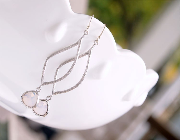 Silver and Opal Earring - Marquise Earring with Moonstone Drops - Sterling Silver Earwires - October Birthstone