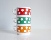 Mid Century Polka Dot Tea Coffee Cup x 3 - Rainbow, Red, Green, Orange, Pantone 2013 - Arcopal, France - Mad Men, 1970's Kitchen, Summer
