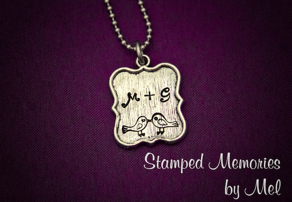 Buy cute gifts for girlfriends - Love Birds - Hand Stamped Tibetan Silver Necklace - Initials and Bird Stamps - Cute Gift for Girlfriend or Wife