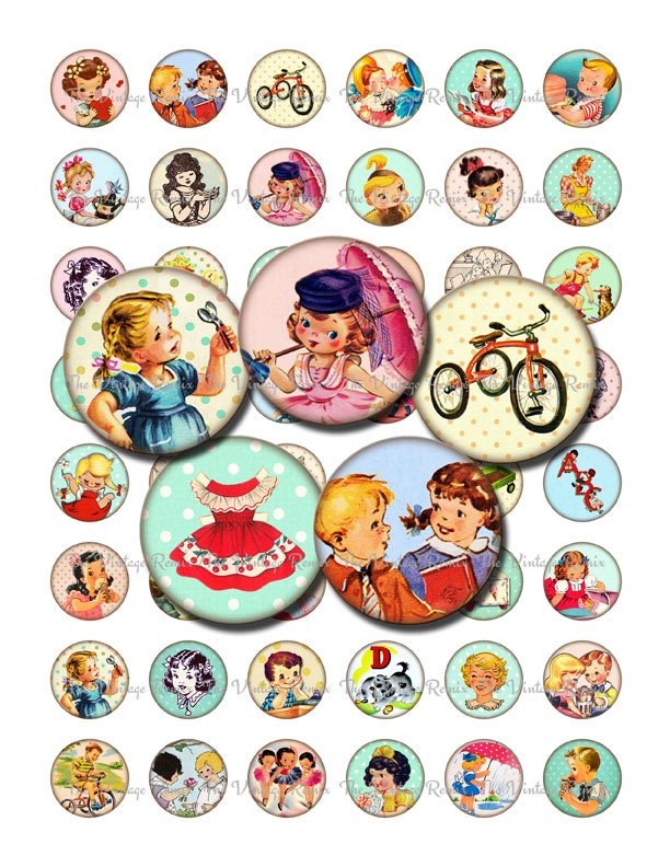 INSTANT DOWNLOAD, Printable Digital Collage Sheet, 1 Inch Circles of Retro Vintage Childhood Images