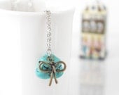 Tumbled Turquoise Stone Pendant with Ribbon Bow Charm Cute Necklace, Gift For Best Friend, Symbol of Friendship, Turquoise Jewelry