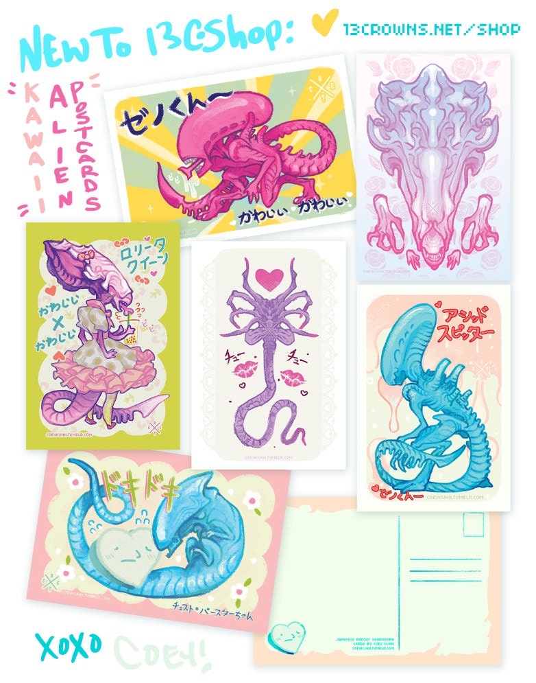 Kawaii Xenomorph Postcards by Coey Kuhn