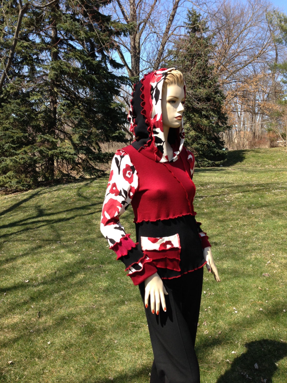 Elf Hoodie Tunic Woolfree Cropped Sweater with Pocket Handmade Patchwork Red and Black Color Women Clothing Small to Medium