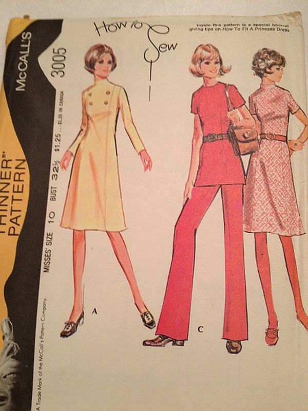 Vintage 1970s Dress Pattern, McCalls 3005, Retro Dress Tunic and Pants Size 10 Bust 32 1/2
