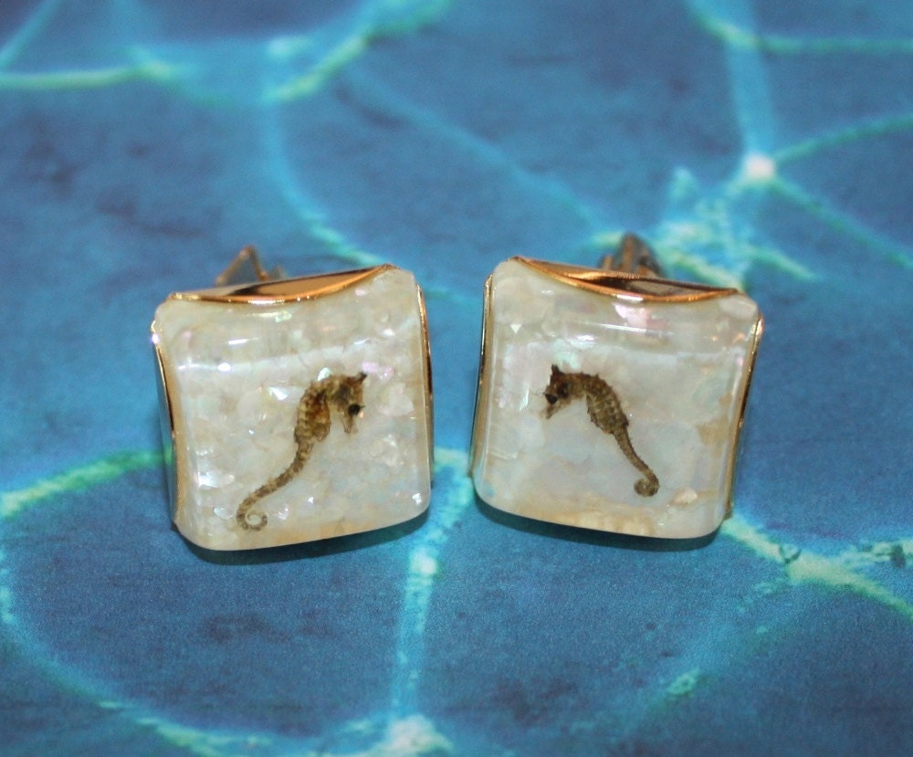 Vintage Lucite Confetti Seahorse CuffLinks - Original Box
