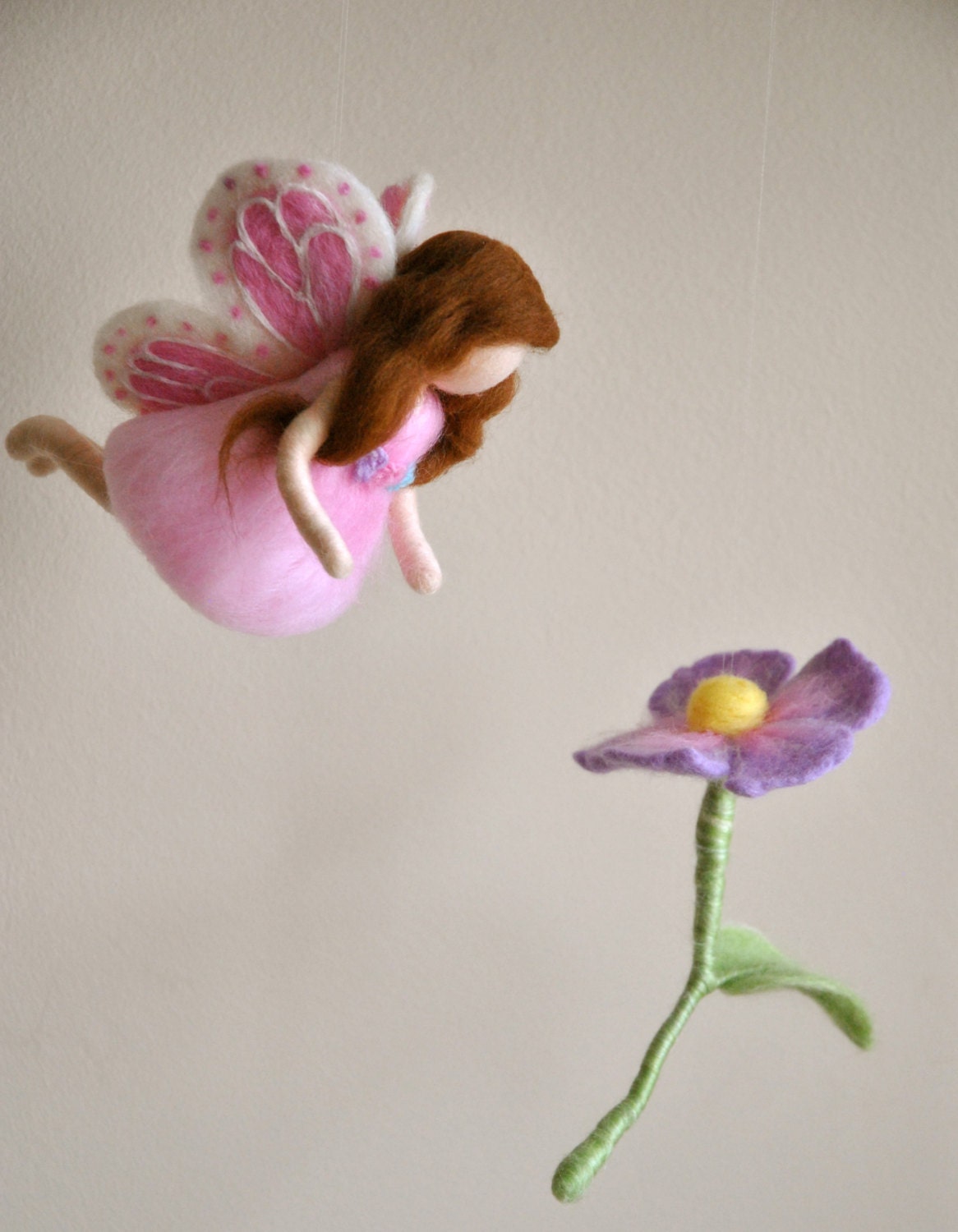 Waldorf inspired needle felted girl mobile: Butterfly  fairy with light purple flower