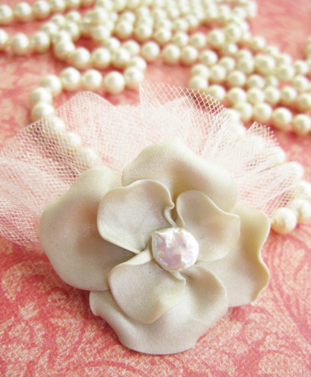 Pearl -  Polymer Clay Flower and Freshwater pearl - Tulle Brooch - Accessorize Anything -  Beautifully Packaged