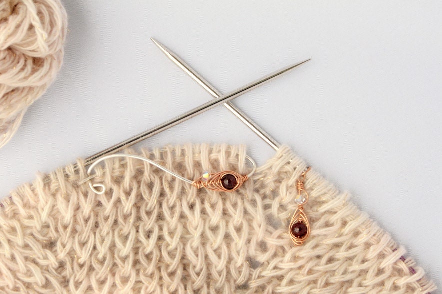 Bronze Feather Knitting Tool Set With Garnet Stones - Handmade in Sterling Silver and Bronze