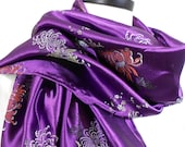 Purple Silk Scarf, Kimono Silk Scarf, Embroidered Scarf, Silk Satin Scarf